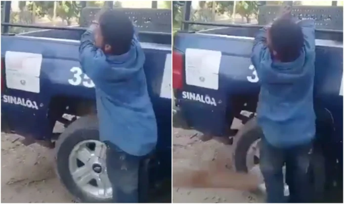 En las imágenes se logra ver a una persona que está esposada a una patrulla, mientras un policía municipal lo golpea